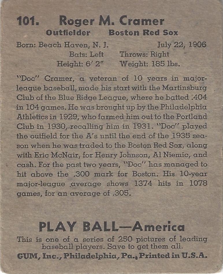 Doc Cramer  baseball card collectible - Main Image 2