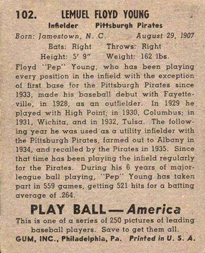 Pep Young  baseball card collectible - Main Image 2