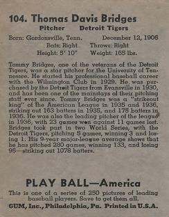 Tommy Bridges  baseball card collectible - Main Image 2