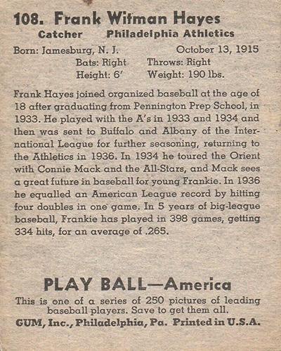 Frankie Hayes  baseball card collectible - Main Image 2