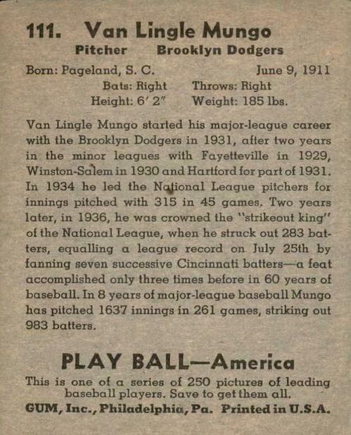 Van Mungo  baseball card collectible - Main Image 2