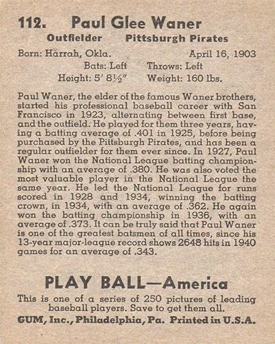 Paul Waner  baseball card collectible - Main Image 2