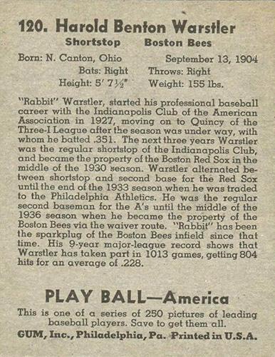 Rabbit Warstler  baseball card collectible - Main Image 2