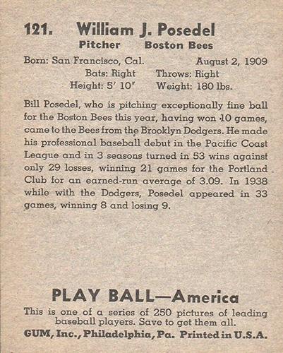 Bill Posedel  baseball card collectible - Main Image 2