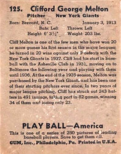 Cliff Melton  baseball card collectible - Main Image 2