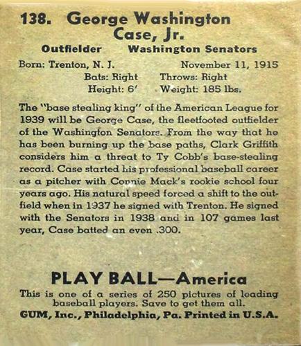 George Case  baseball card collectible - Main Image 2