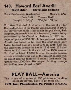 Earl Averill  baseball card collectible - Main Image 2
