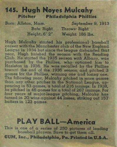 Hugh Mulcahy  baseball card collectible - Main Image 2