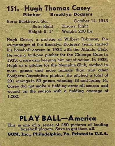 Hugh Casey  baseball card collectible - Main Image 2