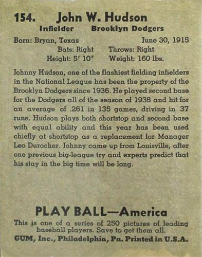 Johnny Hudson  baseball card collectible - Main Image 2