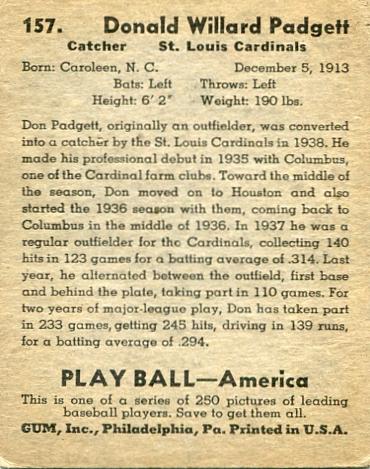 Don Padgett  baseball card collectible - Main Image 2