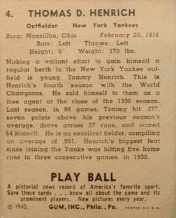 Tommy Henrich  baseball card collectible - Main Image 2