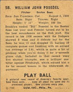 Bill Posedel  baseball card collectible - Main Image 2