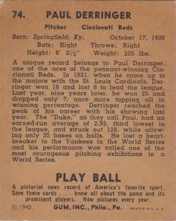 Paul Derringer  baseball card collectible - Main Image 2