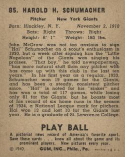 Hal Schumacher  baseball card collectible - Main Image 2