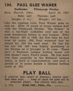 Paul Waner  baseball card collectible - Main Image 2