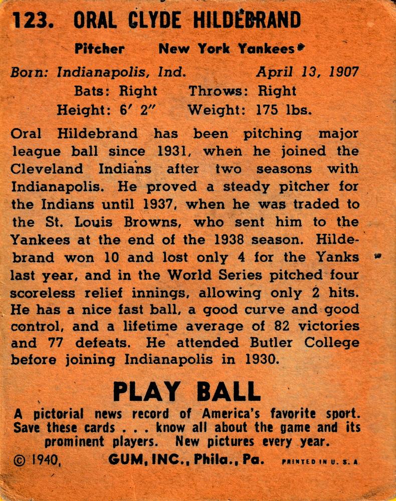 Oral Hildebrand  baseball card collectible - Main Image 2