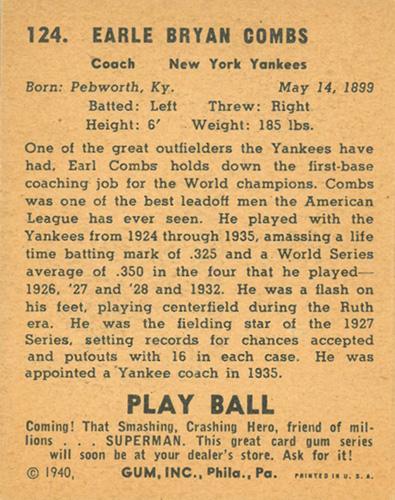 Earle Combs  baseball card collectible - Main Image 2