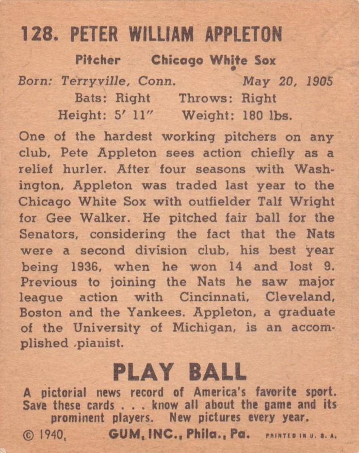 Pete Appleton  baseball card collectible - Main Image 2