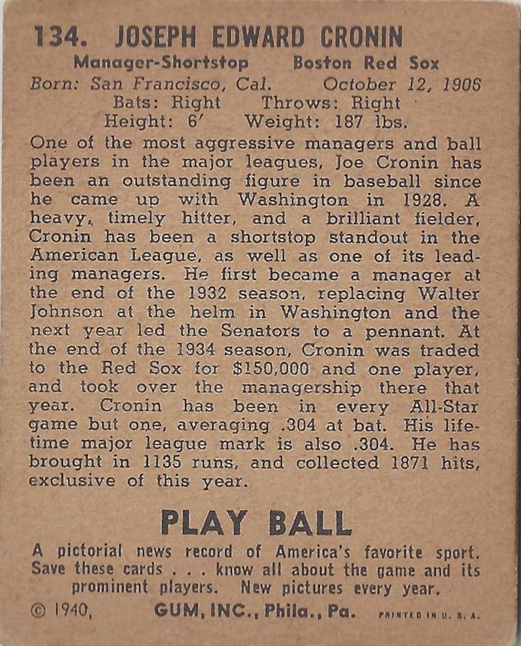 Joe Cronin  baseball card collectible - Main Image 2