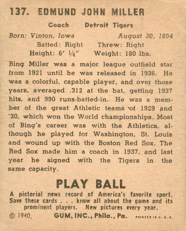 Bing Miller  baseball card collectible - Main Image 2