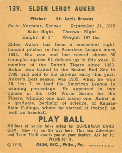 Elden Auker  baseball card collectible - Main Image 2