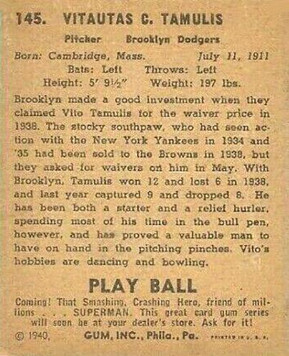 Vito Tamulis  baseball card collectible - Main Image 2