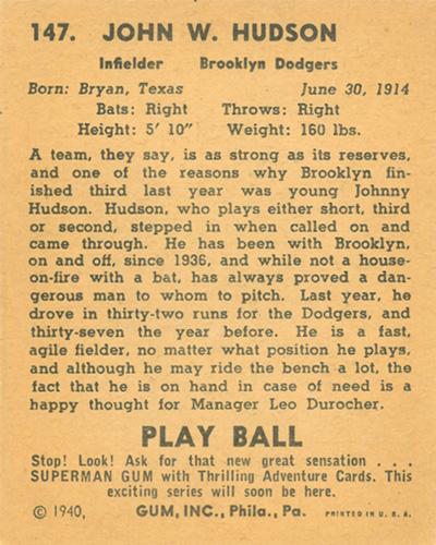 Johnny Hudson  baseball card collectible - Main Image 2