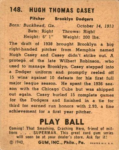 Hugh Casey  baseball card collectible - Main Image 2