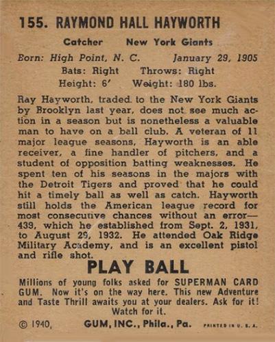 Ray Hayworth  baseball card collectible - Main Image 2