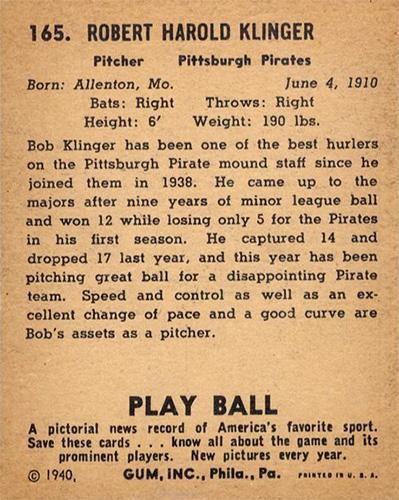 Bob Klinger  baseball card collectible - Main Image 2
