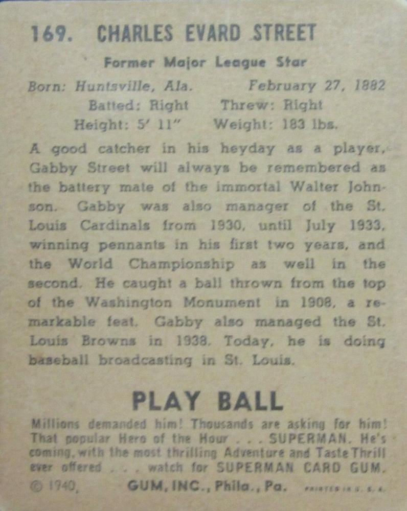 Gabby Street  baseball card collectible - Main Image 2