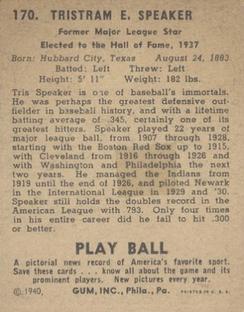 Tris Speaker  baseball card collectible - Main Image 2