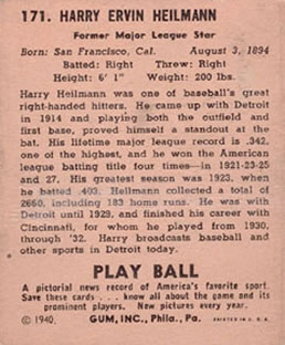 Harry Heilmann  baseball card collectible - Main Image 2
