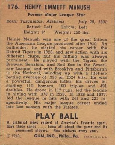 Heinie Manush  baseball card collectible - Main Image 2