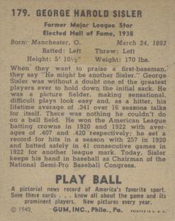 George Sisler  baseball card collectible - Main Image 2