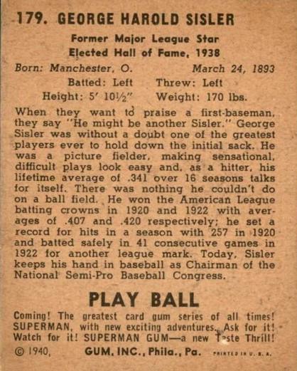 George Sisler  baseball card collectible - Main Image 2