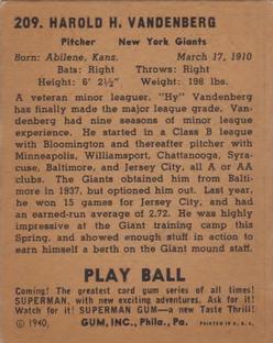 Hy Vandenberg  baseball card collectible - Main Image 2