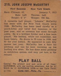 Johnny McCarthy  baseball card collectible - Main Image 2