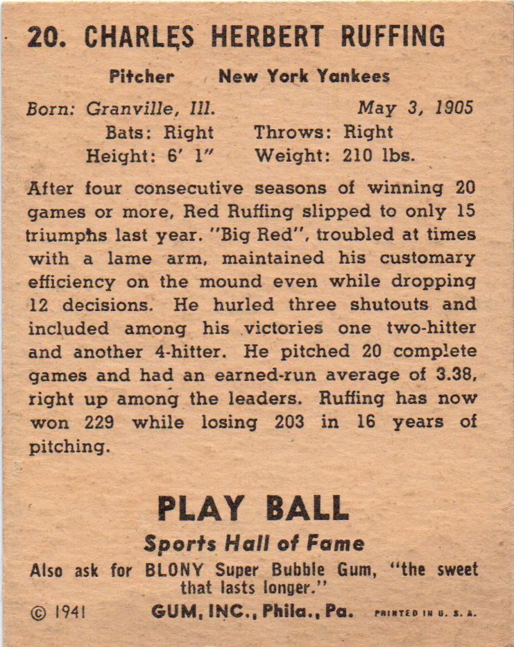 Red Ruffing  baseball card collectible - Main Image 2