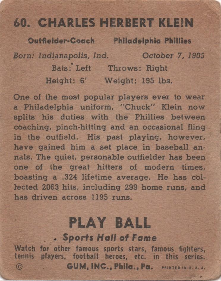 Chuck Klein  baseball card collectible - Main Image 2