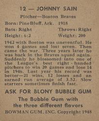 Johnny Sain  baseball card collectible - Main Image 2