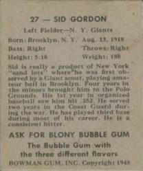 Sid Gordon  baseball card collectible - Main Image 2