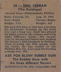 Emil Verban  baseball card collectible - Main Image 2