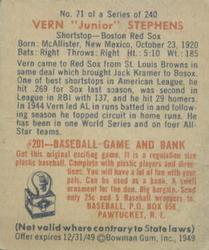Vern "Junior” Stephens  baseball card collectible - Main Image 2