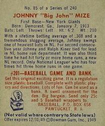 Johnny "Big John” Mize  baseball card collectible - Main Image 2
