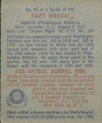 Taft Wright  baseball card collectible - Main Image 2