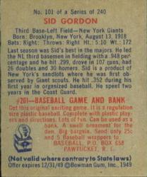 Sid Gordon  baseball card collectible - Main Image 2