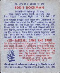 Eddie Bockman  baseball card collectible - Main Image 2