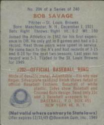 Bob Savage  baseball card collectible - Main Image 2